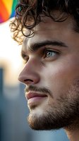 Close-up profile portrait of handsome young man with curly hair and blue eyes looking thoughtfully into distance with colorful rainbow background.