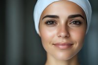 Young woman with natural makeup wearing white head wrap smiling gently at camera. Close up beauty portrait with soft lighting and blurred background.