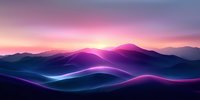 Vibrant neon waves flow across mountain silhouettes at sunset, creating dynamic light trails against purple and pink sky for modern digital backgrounds.