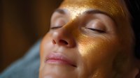Young woman with closed eyes and glowing golden makeup on face in soft natural lighting, expressing serenity and wellness for beauty and cosmetic advertising.