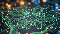 Green circuit board with glowing data points and interconnected pathways, representing technology, artificial intelligence, and digital connectivity for tech industry applications.