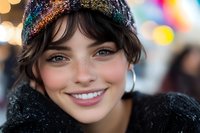 Young woman with freckles wearing colorful knit beanie and dark sweater, smiling outdoors during winter with bokeh lights in background. Suitable for lifestyle, seasonal, and portrait projects.