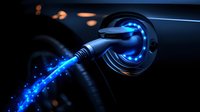 Futuristic electric vehicle charging plug with glowing blue energy stream effect against dark background, modern clean energy transportation concept.