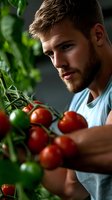 Young Caucasian male with beard examining fresh vine tomatoes in garden. Natural lighting creates dramatic shadows while highlighting produce and facial features in profile view.
