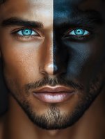 Creative portrait showing contrasting skin tones on male face with striking blue eyes, representing diversity and duality concept.