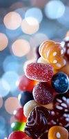 Colorful assortment of gummy candies and chocolates with sugar coating against blurred bokeh background, macro close-up showing sweet texture and details.