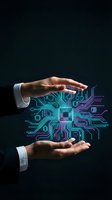 Businessman hands holding glowing circuit board pattern with neon blue and purple lines on dark background, representing technology innovation and digital transformation for business solutions.
