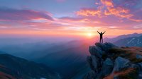Silhouette of person with raised arms on mountain peak celebrating achievement against dramatic sunset sky with colorful clouds and layered mountain ranges.