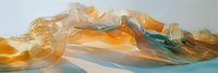 Abstract flowing fabric waves in golden orange and teal colors creating dynamic movement on white background for modern design projects.