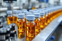 Amber liquid medicine bottles on pharmaceutical production line, sealed with white caps, ready for distribution in modern manufacturing facility.