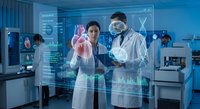 Asian female scientist and Caucasian male doctor analyzing holographic medical data in futuristic laboratory with digital interface technology.