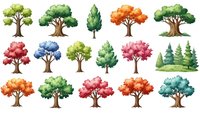 Colorful cartoon trees collection with various foliage colors isolated on white background for nature designs and environmental projects.