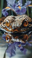 Dramatic close-up of a crocodile head emerging from water with purple iris flowers reflected in the surface, perfect for nature magazines, wildlife documentation or artistic projects.