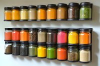 Colorful array of spices and seasonings in glass jars arranged on wooden wall shelves, showcasing vibrant powders, dried herbs, and cooking ingredients for kitchen storage.