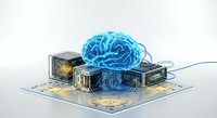 Artificial intelligence brain glowing blue on circuit board with microchips, representing neural networks, machine learning, and digital technology for computing and innovation concepts.