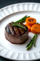 Grilled beef tenderloin steak garnished with fresh rosemary sprig, served with asparagus and glazed carrots on white plate against dark background.