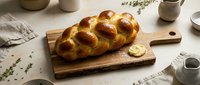 Freshly baked braided bread loaf on wooden cutting board with herbs and kitchen utensils for bakery, food styling and culinary content.