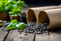 Fresh black sunflower seeds spilling from brown paper bags on rustic wooden table with green basil leaves, natural food ingredients in moody lighting.