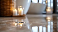 Wedding rings on reflective surface with romantic candlelight bokeh creating intimate atmosphere. Elegant jewelry photography with soft focus and warm glow.