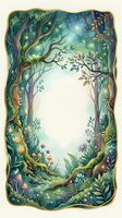 Enchanted forest frame with magical trees, glowing lights and mystical foliage creating natural border for fairy tale designs and fantasy storytelling.