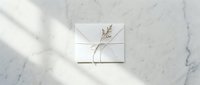 Elegant white gift box with dried botanical branch on marble surface with soft natural lighting shadows for luxury packaging and branding concepts.