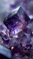 Deep purple fluorite crystal formation with cubic structure and golden inclusions against blurred background for jewelry design or mineral collection.