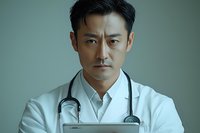 Asian male medical doctor in white coat holding digital tablet with serious expression and stethoscope around neck against teal background.