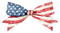 Watercolor American flag bow with distressed texture and patriotic stars and stripes design, isolated on white background for holiday decorations and crafts.