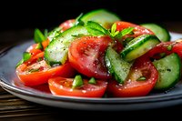 Fresh cucumber and tomato salad with herbs and black pepper on gray plate, close up view. Vibrant vegetables dressed in light vinaigrette on dark wooden background.
