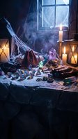 Mystical witch altar with candles, crystals, potions and spell books in atmospheric candlelight setting for Halloween fantasy themes and occult practices.