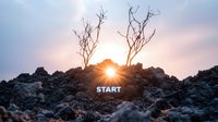 Dramatic sunrise behind dead trees on rocky volcanic terrain with motivational word START overlaid, creating inspiring outdoor scene for social media content.