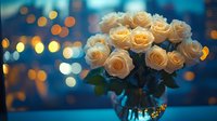 Elegant bouquet of cream roses in glass vase against blurred city lights background, creating romantic evening atmosphere.