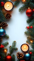 Festive frame with burning candles, pine branches, red and blue ornaments, pinecones and berries on white background. Holiday season composition.