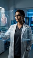 Female doctor using holographic medical interface displaying heart anatomy and data analysis in modern hospital laboratory for healthcare innovation.
