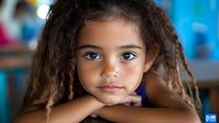 Young girl with curly dark hair and expressive eyes rests head on arms while gazing at camera, capturing innocence and childhood wonder against blurred classroom background.