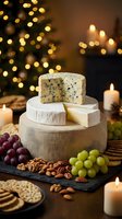 Gourmet cheese platter with blue cheese, brie and nuts surrounded by candles and warm bokeh lights for festive holiday entertaining and celebrations.