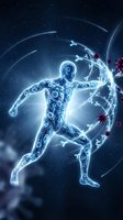Glowing neon human figure with digital circuit patterns fighting virus particles in space, representing immune system defense and medical technology concepts.