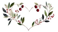Romantic heart-shaped wreath with red berries, green leaves and delicate branches on white background, suitable for wedding stationery and holiday designs.