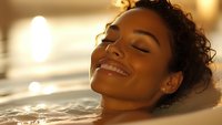 Young African American woman relaxing in warm bath with glowing golden light, eyes closed with serene smile, expressing wellness, peace and self-care moment.