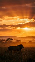 Majestic lion silhouette walking through African savanna grassland at golden sunset with dramatic orange sky and acacia trees in background.