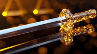 Ornate golden sword handle with intricate floral patterns and jeweled details against dark background with bokeh lights, blade partially visible in dramatic lighting.