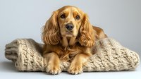 Adorable English Cocker Spaniel puppy with golden fur lying on chunky knit blanket against neutral background, looking at camera with expressive eyes.
