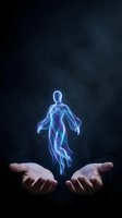 Glowing blue holographic human figure floating above open hands against dark background for technology and healthcare concepts.