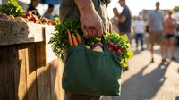 Caucasian male farmer holding green reusable bag filled with fresh organic vegetables at outdoor farmers market, promoting sustainable shopping and local produce sales.