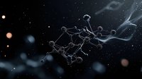 Molecular structure floating in dark space with glowing connections and atmospheric bokeh effects. Scientific concept showing chemical compound visualization.