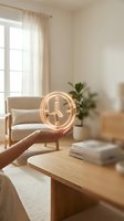 Hand holding glowing neon clock in modern living room with natural light, wooden furniture, and potted plant. Concept for time management, productivity, and contemporary home decor.