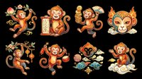 Playful monkey characters with Asian-inspired design elements, isolated on transparent background. Ready for t-shirt designs, clipart, stickers, sublimation, and print-on-demand products.
