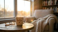 Steaming mug with Hello text on rustic wooden table, cozy armchair with knit blanket, warm sunrise light through window, hygge home.