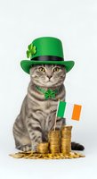Gray tabby cat wearing green leprechaun hat with shamrock, green clover necklace, holding Irish flag next to stacked gold coins on white background.