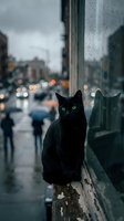 Black cat with striking green eyes sitting on wet urban windowsill during rainy day, overlooking blurred city street with traffic and pedestrians below.
